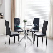 Round Glass Dining Table Set with 4 Black Leather Chairs Modern Kitchen