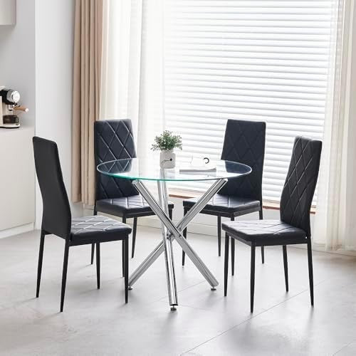 Round Glass Dining Table Set with 4 Black Leather Chairs Modern Kitchen