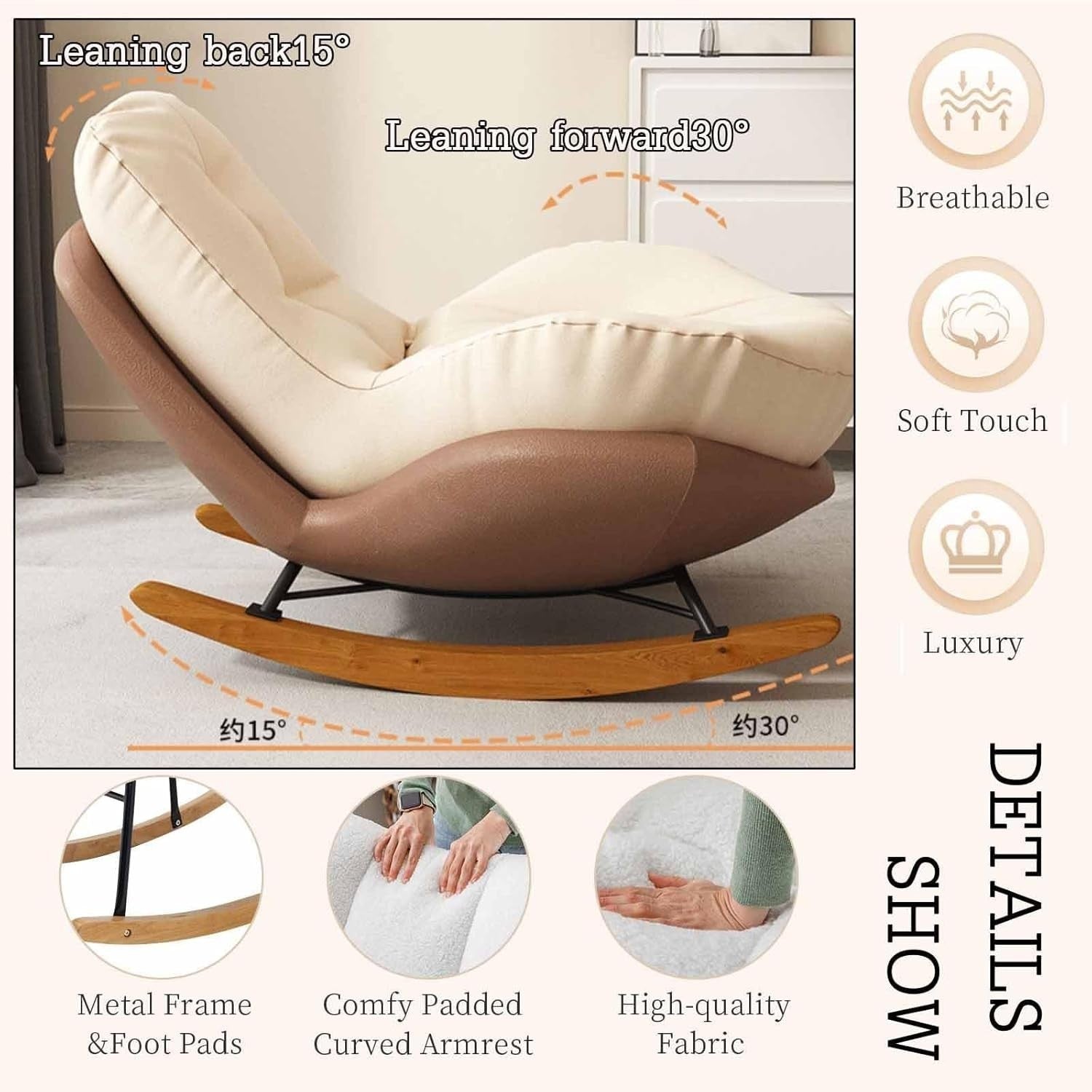 Luxury Rocking Chair with Footstool, Soft Recliner Glider for Nursery & Lounge
