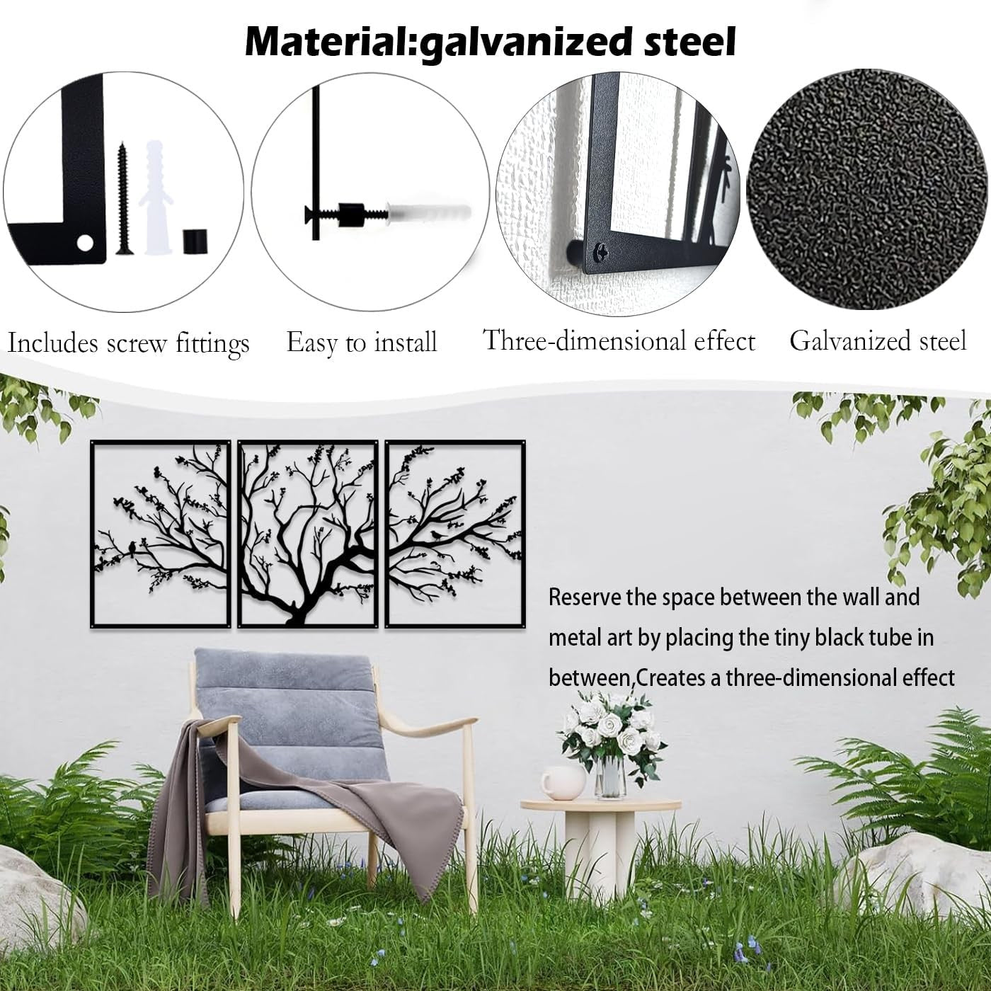 Large Tree of Life Metal Wall Art 3 Panel Modern Decor