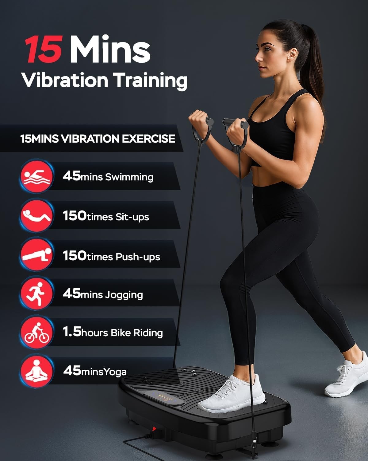 Black App-Controlled Vibration Plate Exercise Machine 200 Speeds 450lb