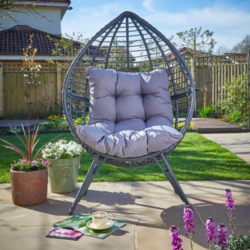 Grey Rattan Egg Chair w/ Waterproof Cushion Indoor Outdoor Patio Seat