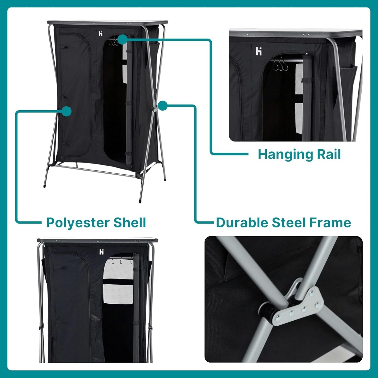 Folding Camping Wardrobe 5 Shelf Rail Storage Unit Tent Organiser Black