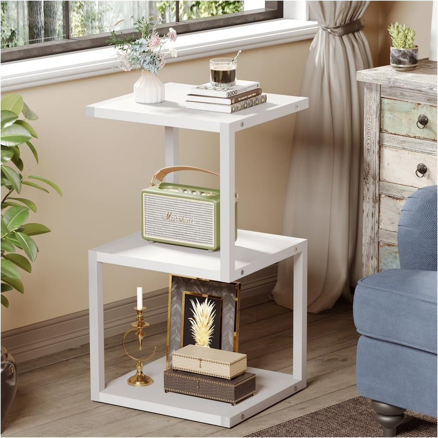 3-Tier S-Shape Side Table with Storage | White Nightstand 40x30x75cm