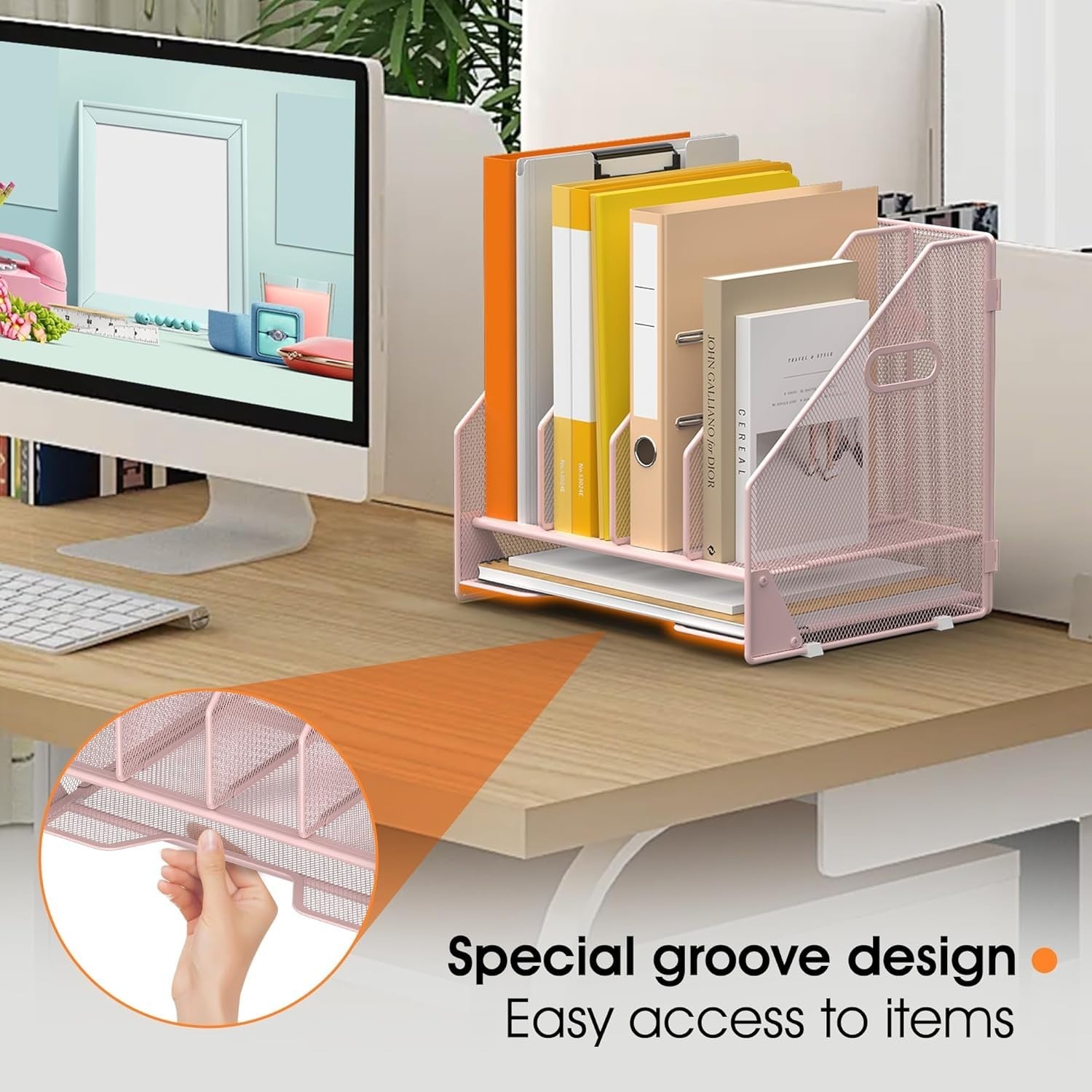 Desk File Organizer with 4 Adjustable Vertical Compartments & Letter Tray – Pink