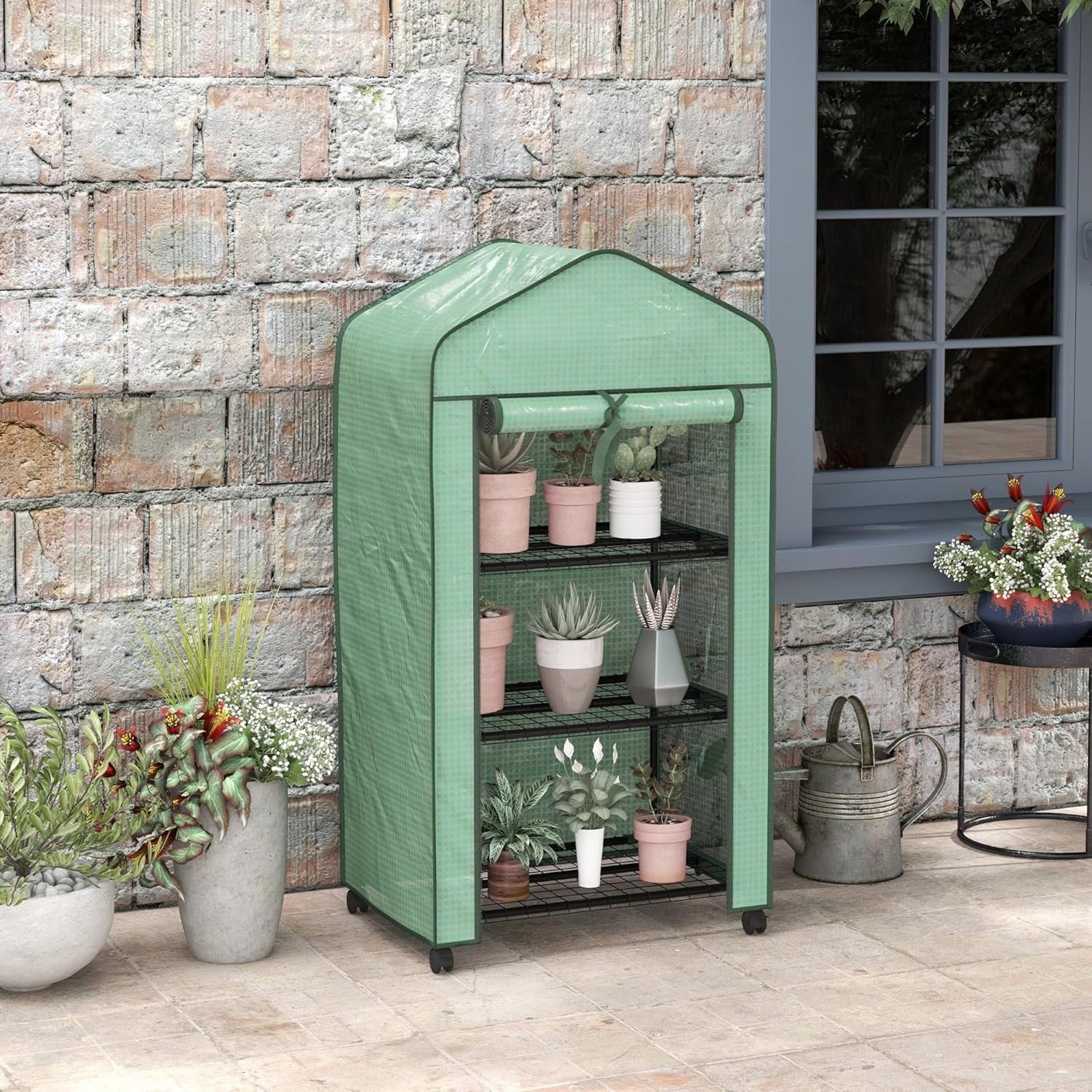 3 Tier Mini Greenhouse with Wheels Reinforced PE Cover Roll-Up Door
