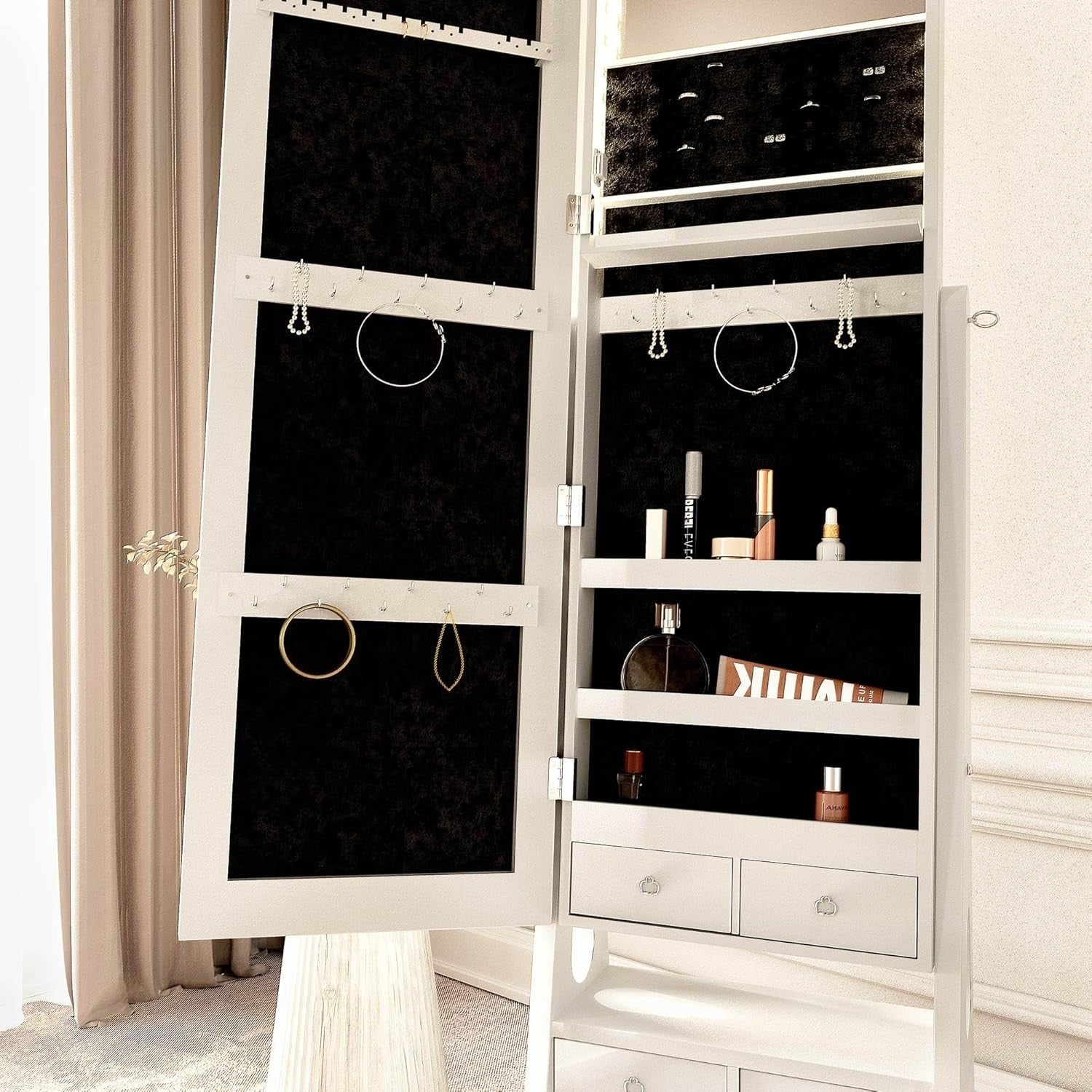 White LED Jewellery Storage Cabinet Full Length Mirror with Drawers