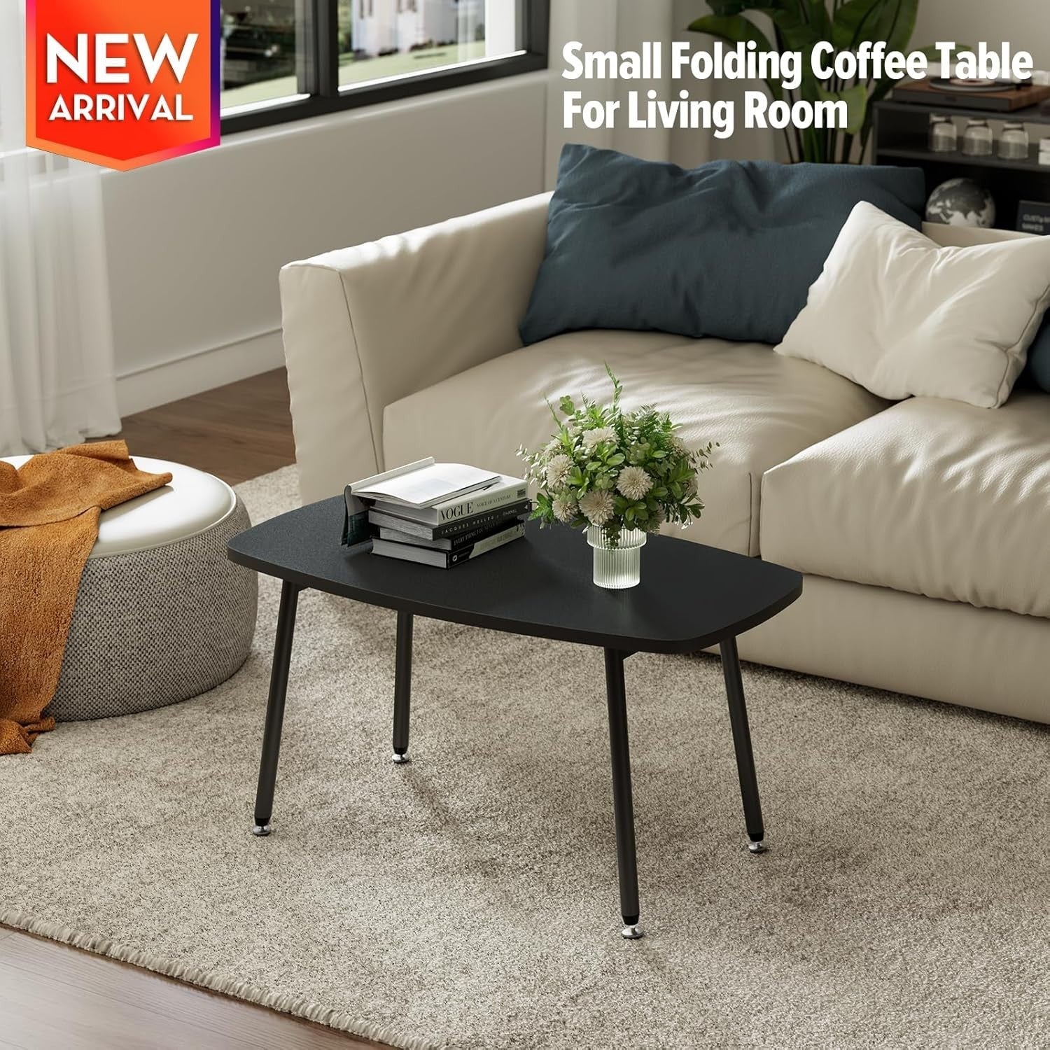 Portable Folding Coffee Table for Small Spaces, Modern Black 80x40cm