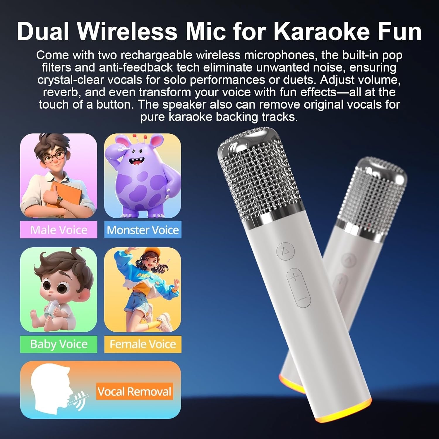 White Bluetooth Karaoke Speaker with 2 Wireless Mics RGB Party