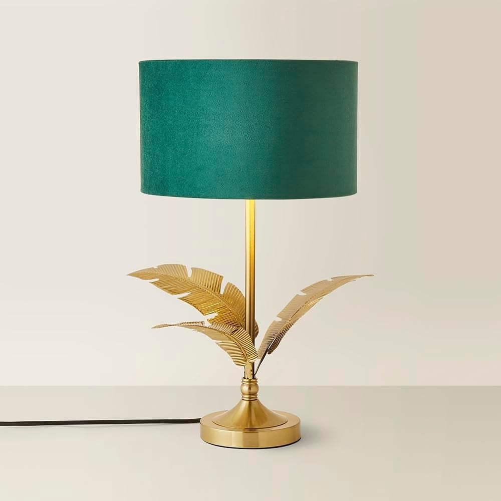 Green Velvet Gold Palm Leaf Table Lamp Drum Shade Luxury Bedside Light
