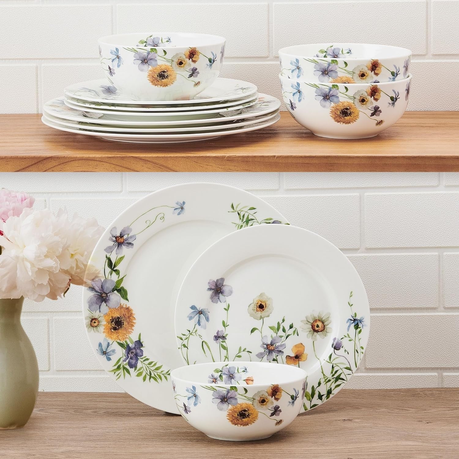 Floral Bone China Dinnerware Set 12 Piece Chip Resistant Plates Bowls
