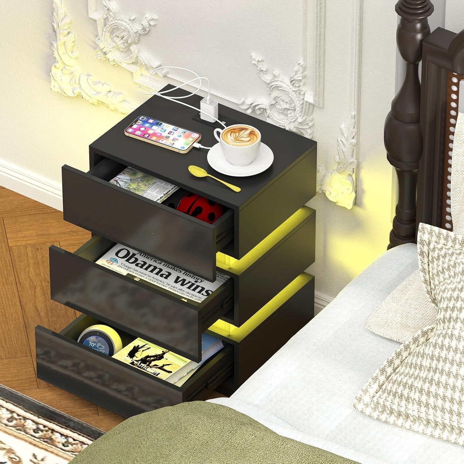Luxury LED Bedside Table with USB Charging Station, 3 Drawers, Gloss Finish