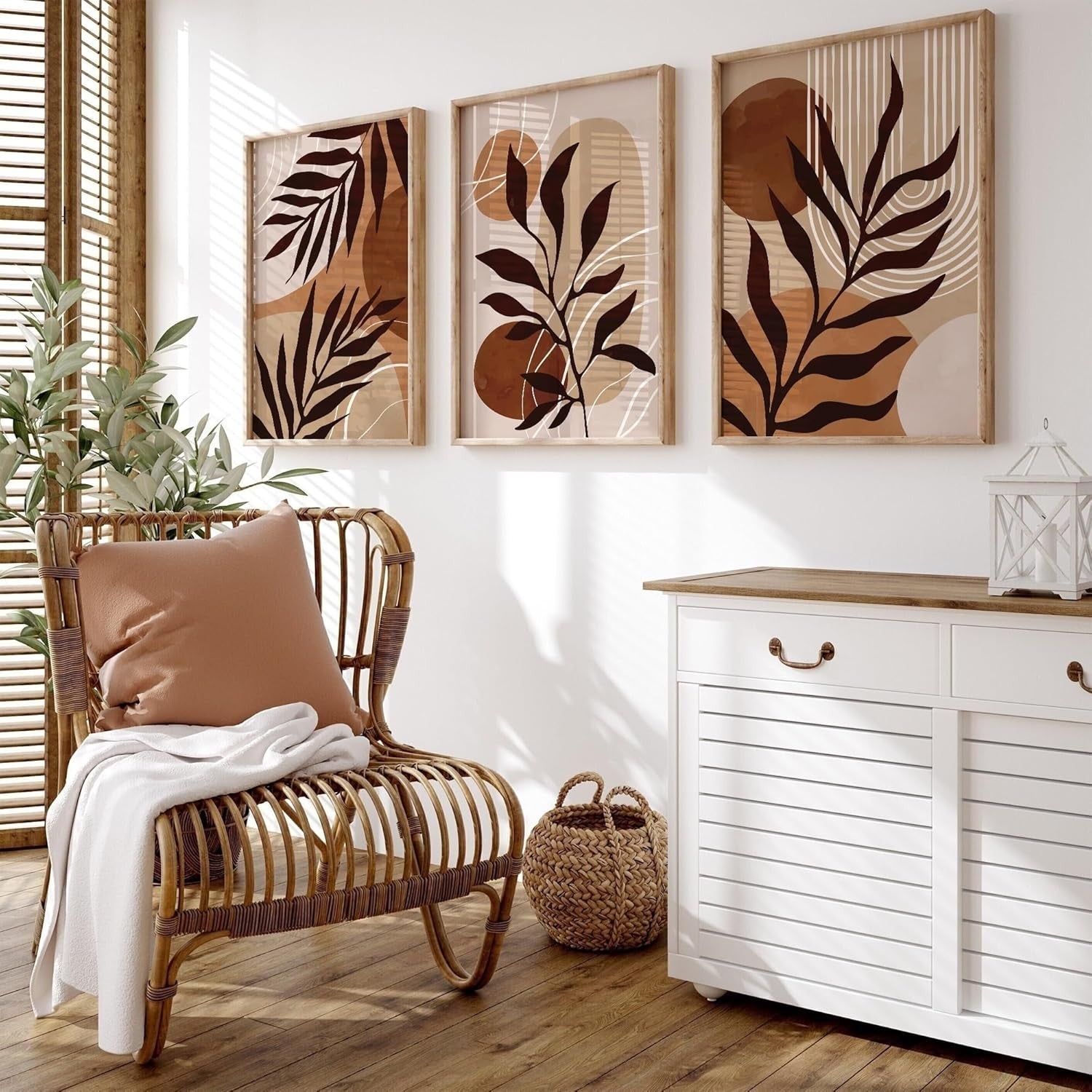Set of 3 Boho Abstract Wall Art Prints Beige Brown Modern Living Room Decor