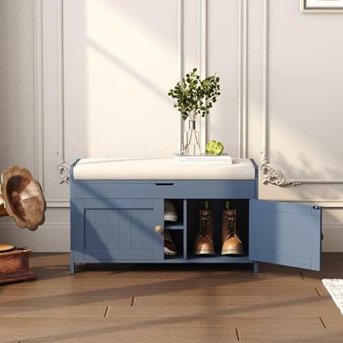 Blue Upholstered Shoe Storage Bench with Cushion Seat Cabinet Entryway 100x36x45