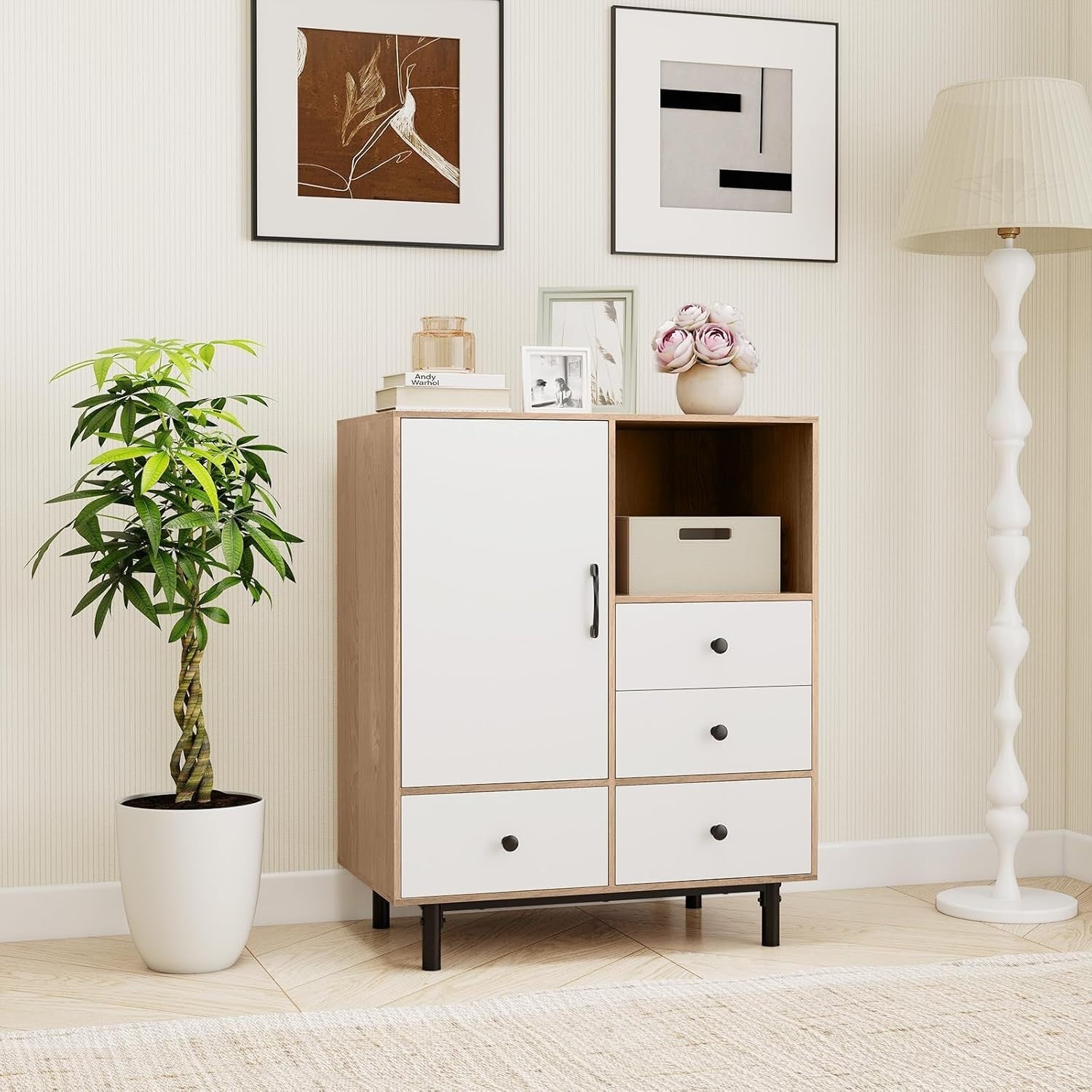 Modern 4 Drawer Sideboard Cabinet White & Natural with Open Shelf & Anti-Tip