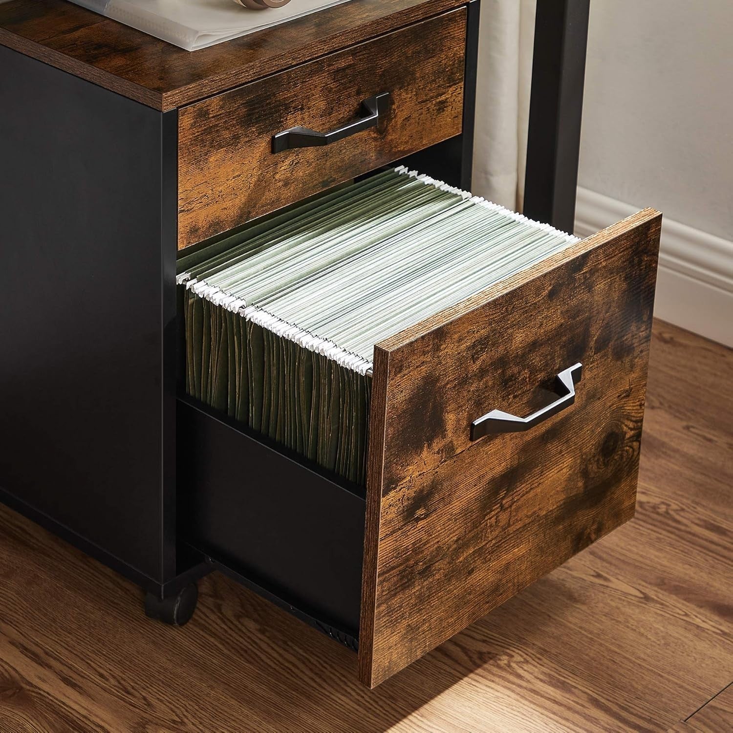 Rustic Brown & Black 2-Drawer Rolling Filing Cabinet – A4 Office Storage Unit