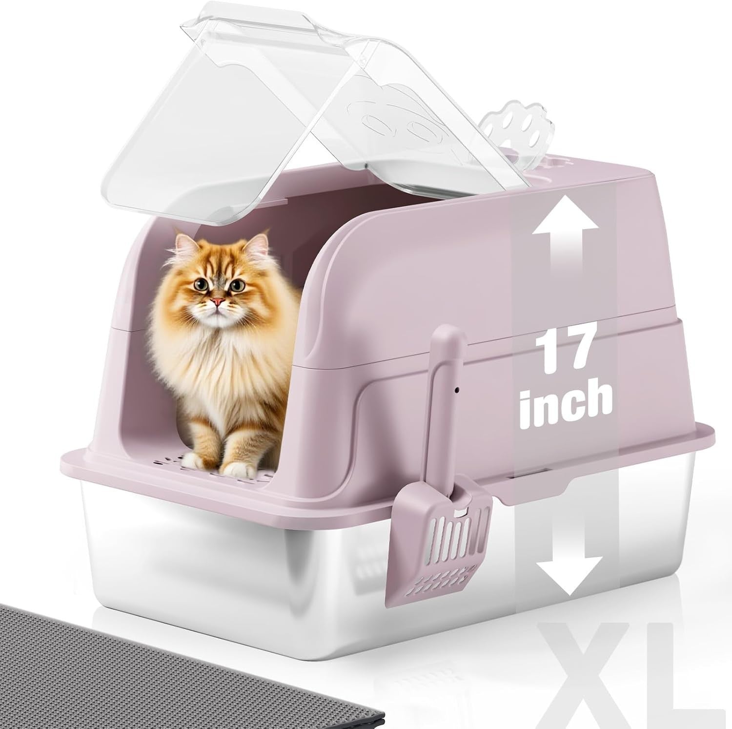 XL Stainless Steel Cat Litter Box Clear Lid High Sided Pink Tray