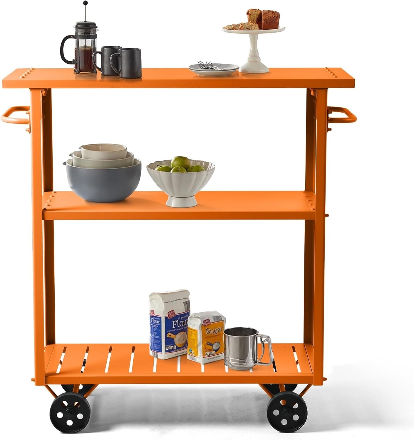 Industrial Bar Cart on Wheels 3 Tier Metal Serving Trolley with Handle