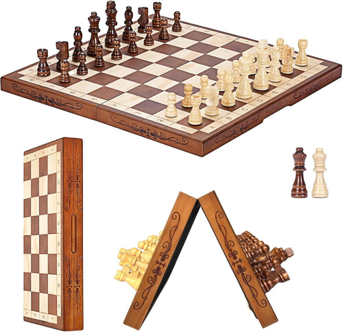 Luxury 15.7" Magnetic Folding Wooden Chess Set with Storage Slots Travel Game