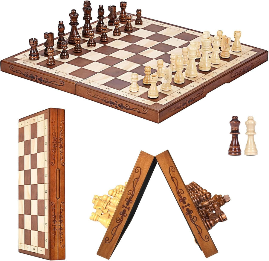 Luxury 15.7" Magnetic Folding Wooden Chess Set with Storage Slots Travel Game