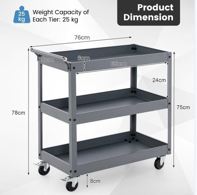3-Tier Rolling Tool Cart Grey 76W x 38D x 78H cm Steel Mobile Trolley