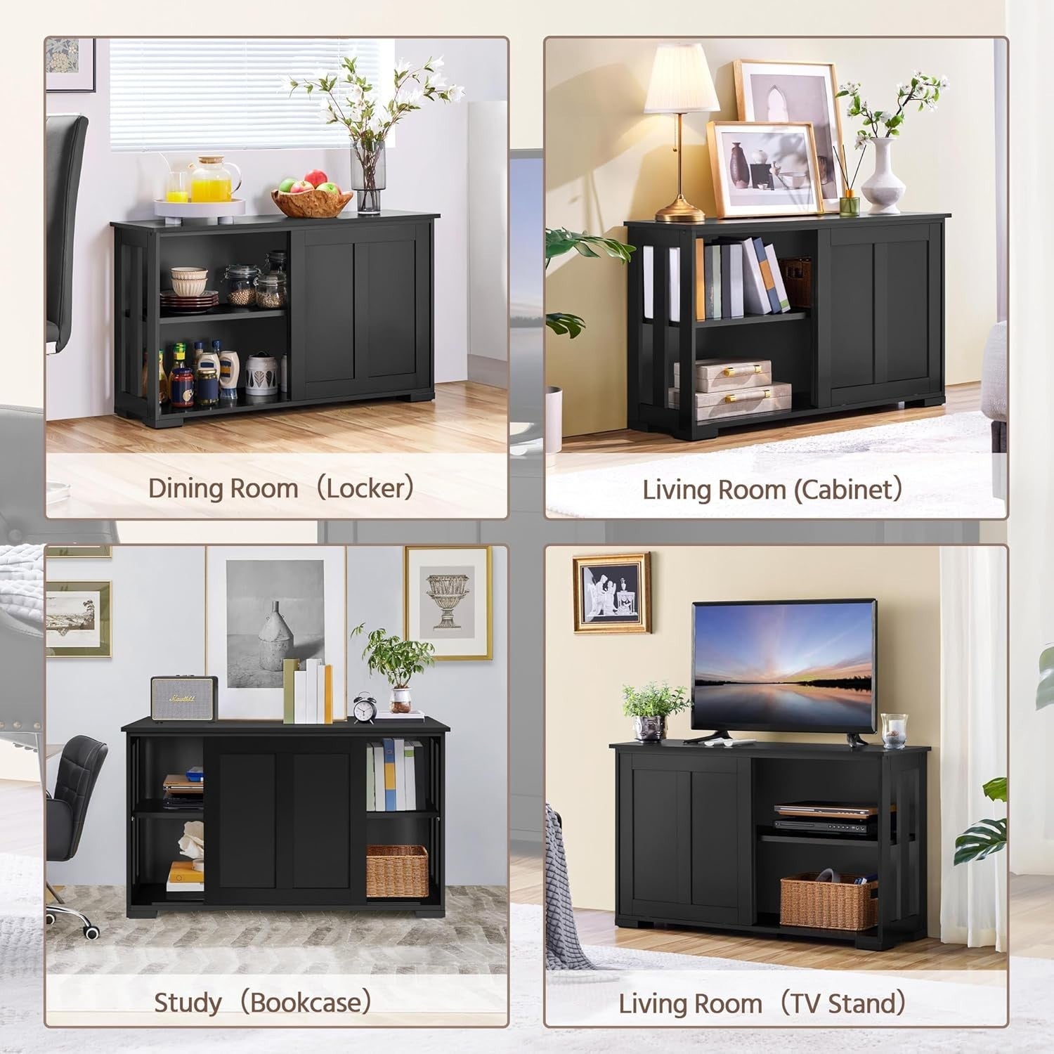 Black Sideboard Cabinet 63.5cm Buffet Sliding Door Adjustable Shelf