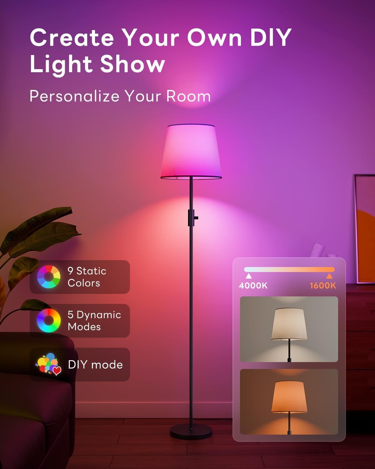 Dimmable LED Floor Lamp RGB Colour Changing Remote Control Tall Reading Light