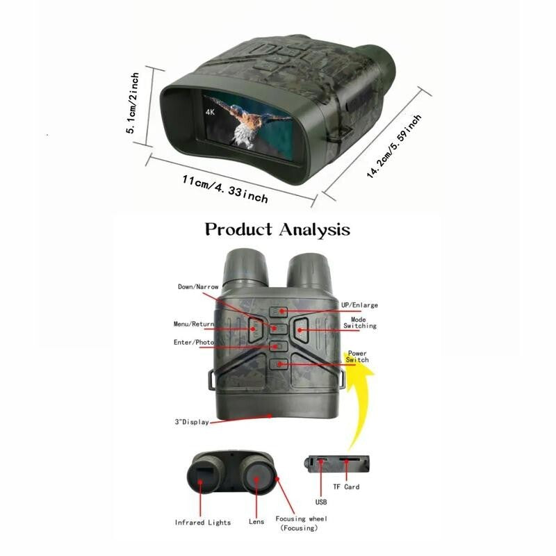 4K Night Vision Binoculars 3" Screen w/ 32GB Card HD Infrared Zoom Goggles