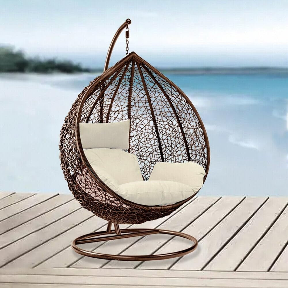 Rattan Egg Chair with Stand Indoor Outdoor Hanging Swing Seat with Cushion