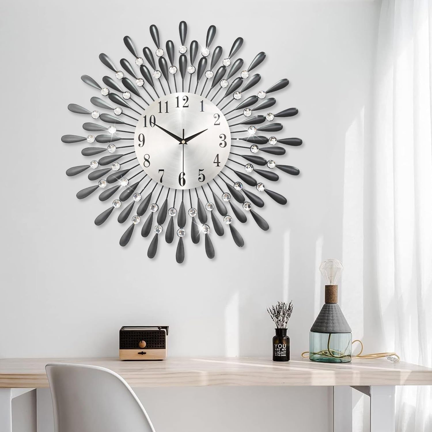 50.8cm Large Diamond Wall Clock – Silent Modern Sunburst Design Black