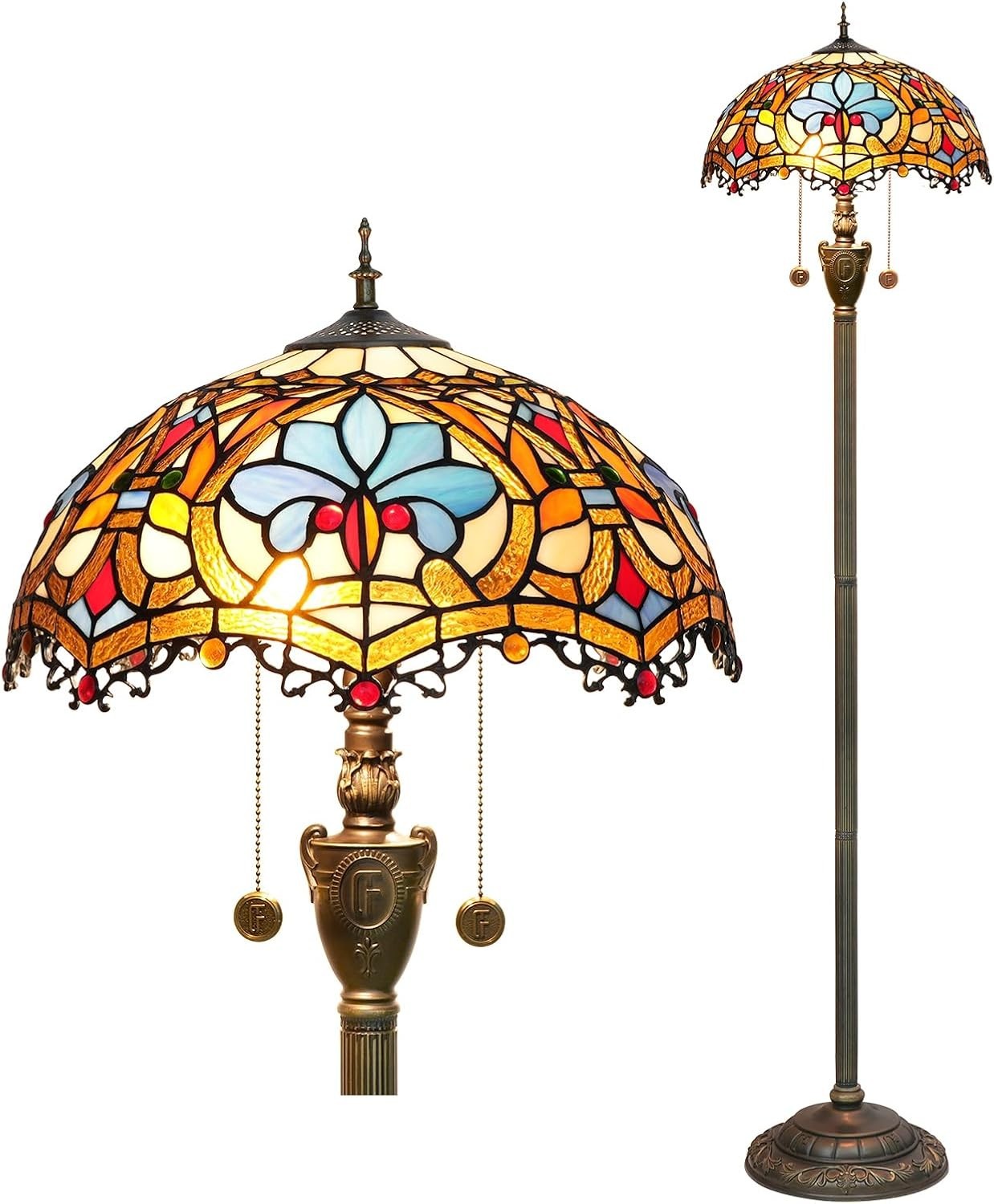Stained Glass Floor Lamp with Pull Chain & Vintage Bronze Base 64"