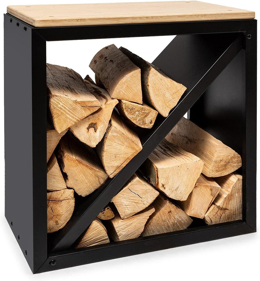 Firewood Storage Bench with Bamboo Top & Steel Frame – Stylish & Space-Saving