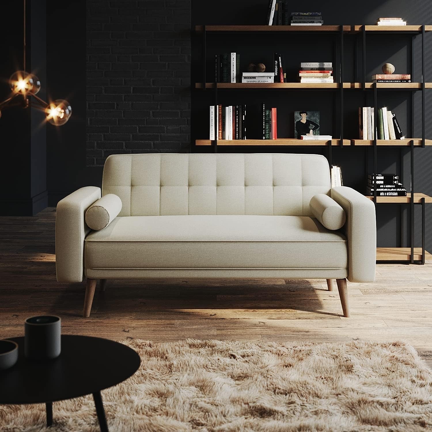 Cream 3 Seater Sofa Bed Linen Fabric Guest Couch w/ Arms for Lounge or Flat