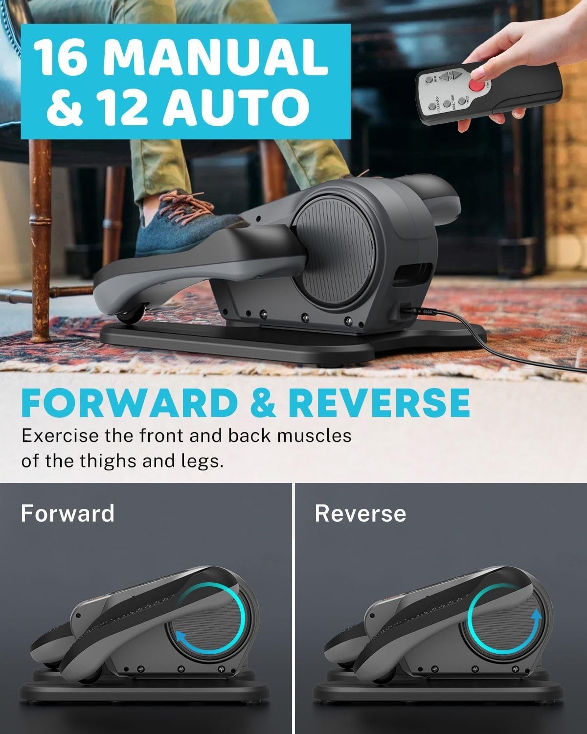 Under Desk Elliptical Pedal Exerciser Quiet Remote Auto Manual 16 Speed