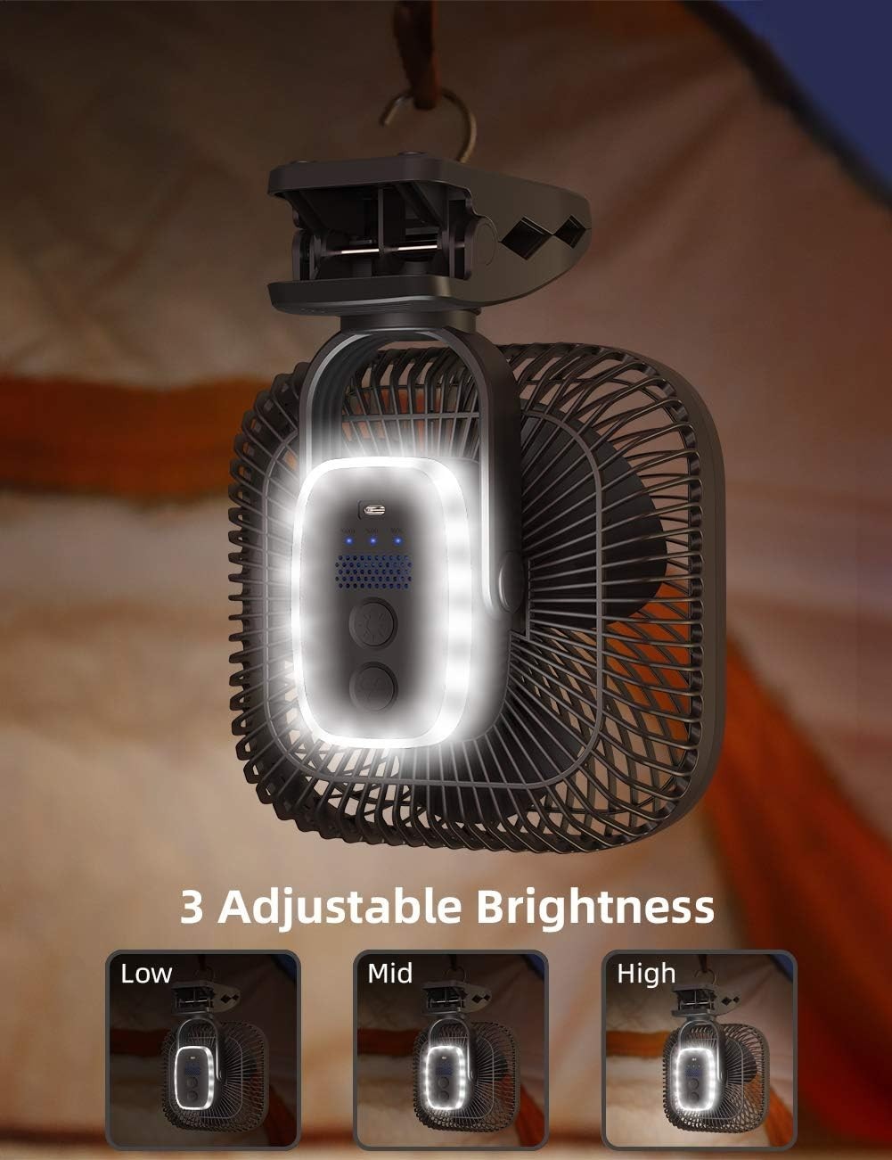 8" Rechargeable Clip-on Fan – 20000mAh Quiet 4Speed Portable Fan Black LED Light