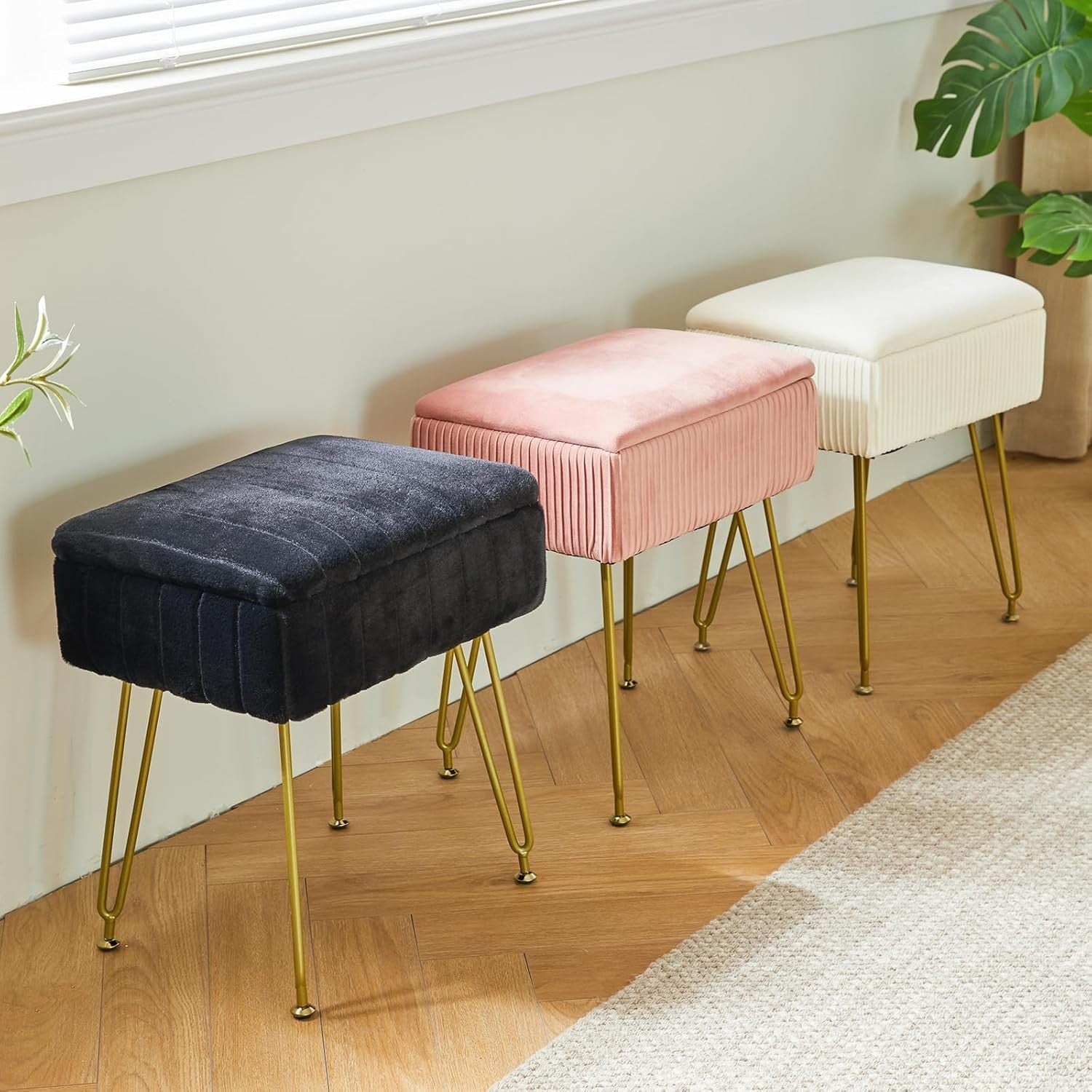 Black Faux Fur Storage Footstool – Modern Vanity Stool with Metal Legs