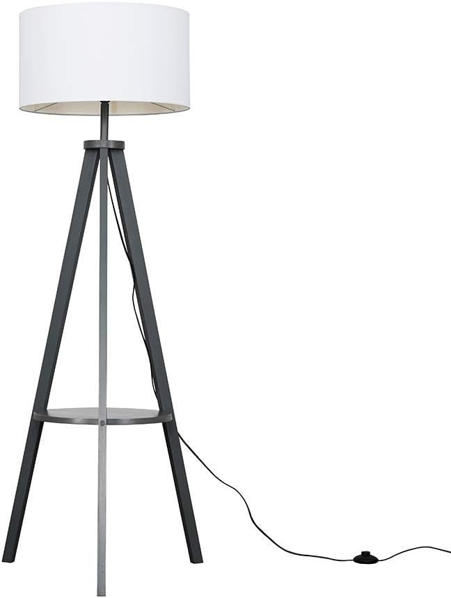 Wood Tripod Floor Lamp with Shelf & White Drum Shade | E27 LED | Modern Loft