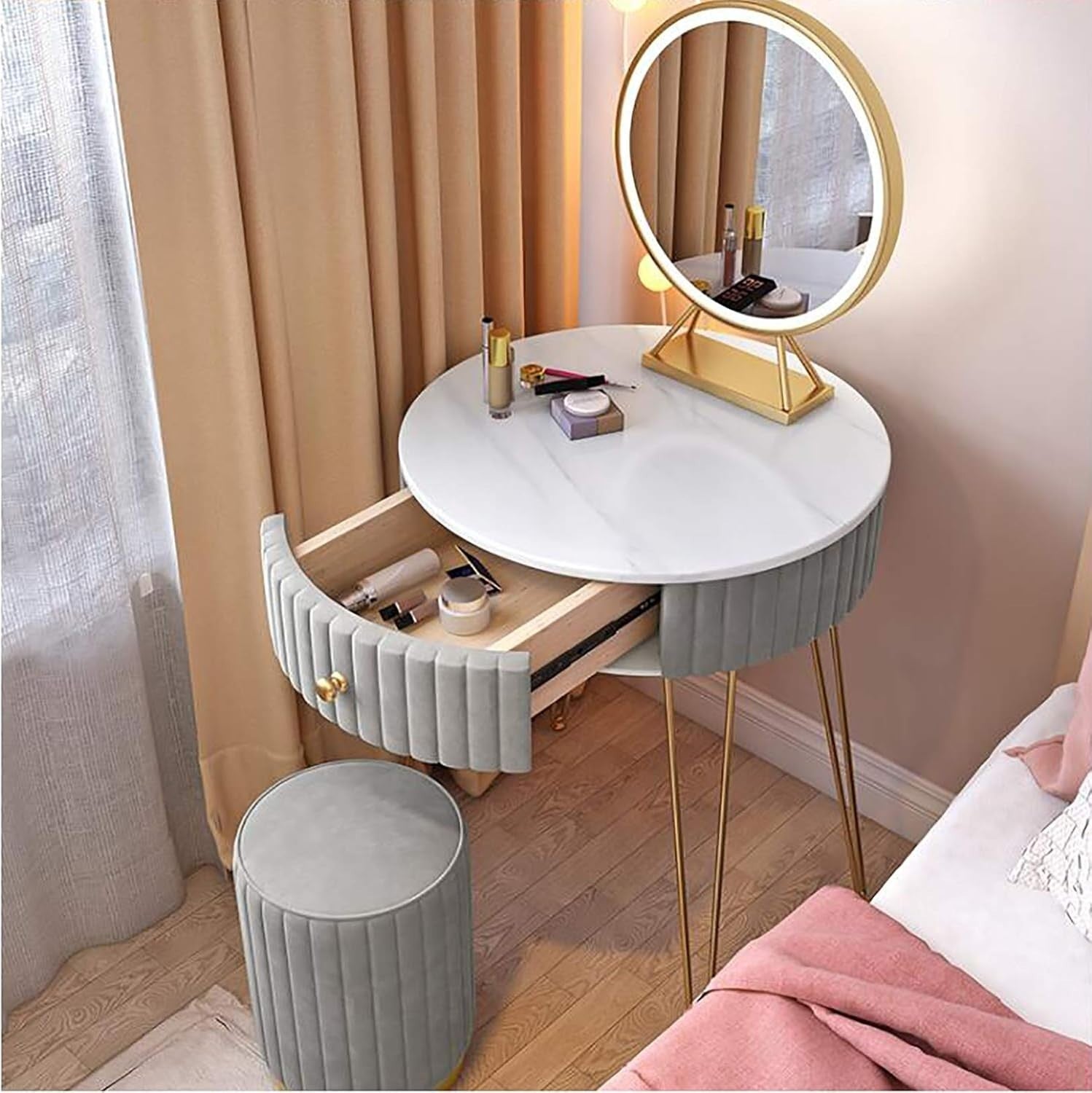 Pink Vanity Dressing Table Set Marble Top Velvet Drawers Metal Frame Stool
