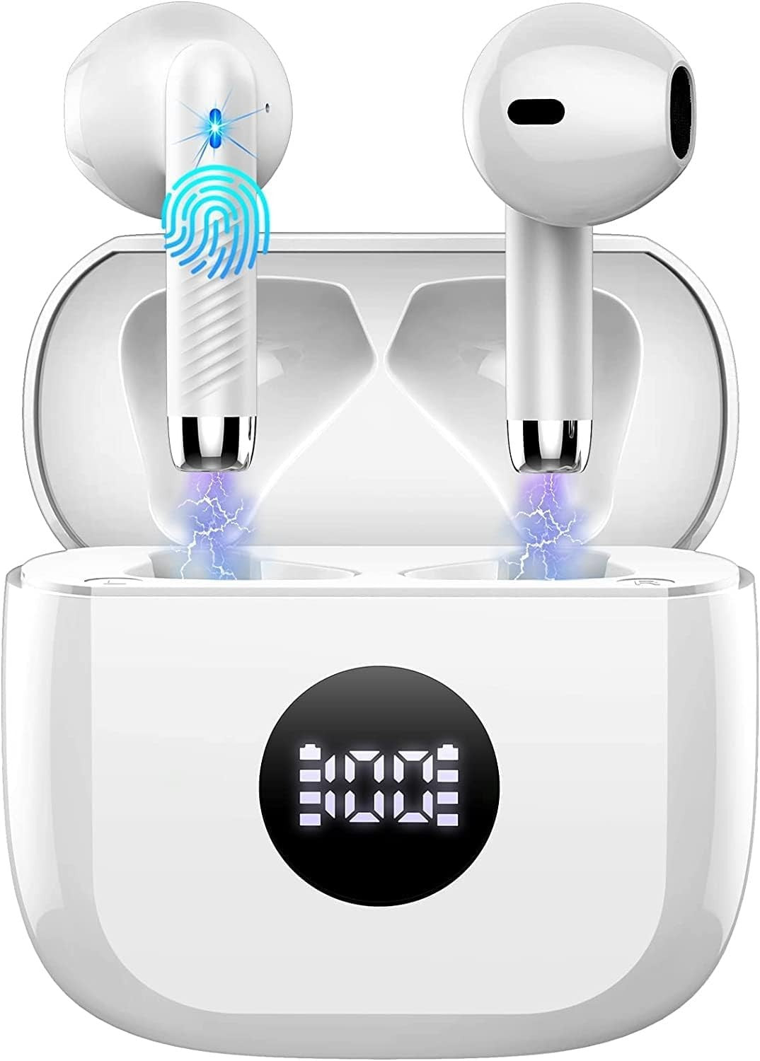 Bluetooth 5.4 White Earbuds ENC Mic 40H Deep Bass LED Touch IP7