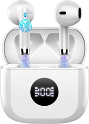Bluetooth 5.4 White Earbuds ENC Mic 40H Deep Bass LED Touch IP7