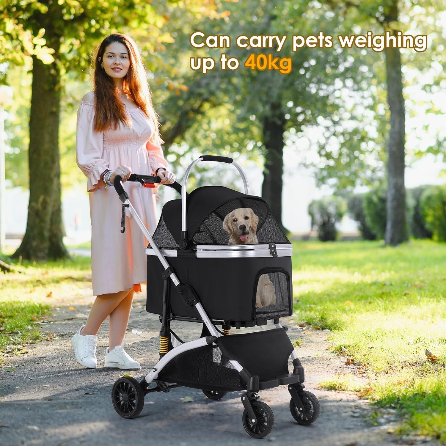 3 in 1 Pet Stroller Folding Dog Cat Pram 360 Wheels Storage Basket Black