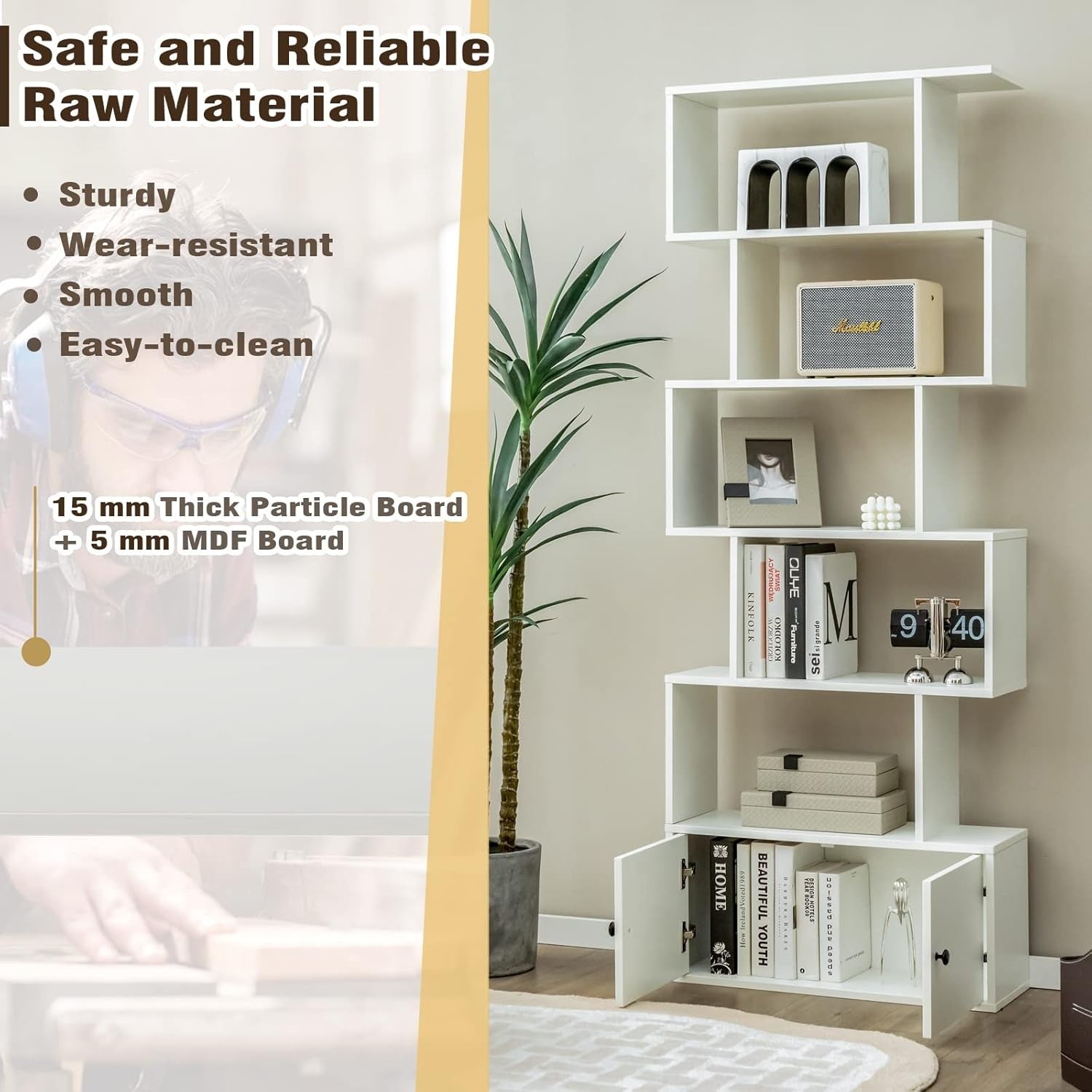 White S-Shaped 6 Tier Bookcase Tall Freestanding Storage Shelf with Cabinet