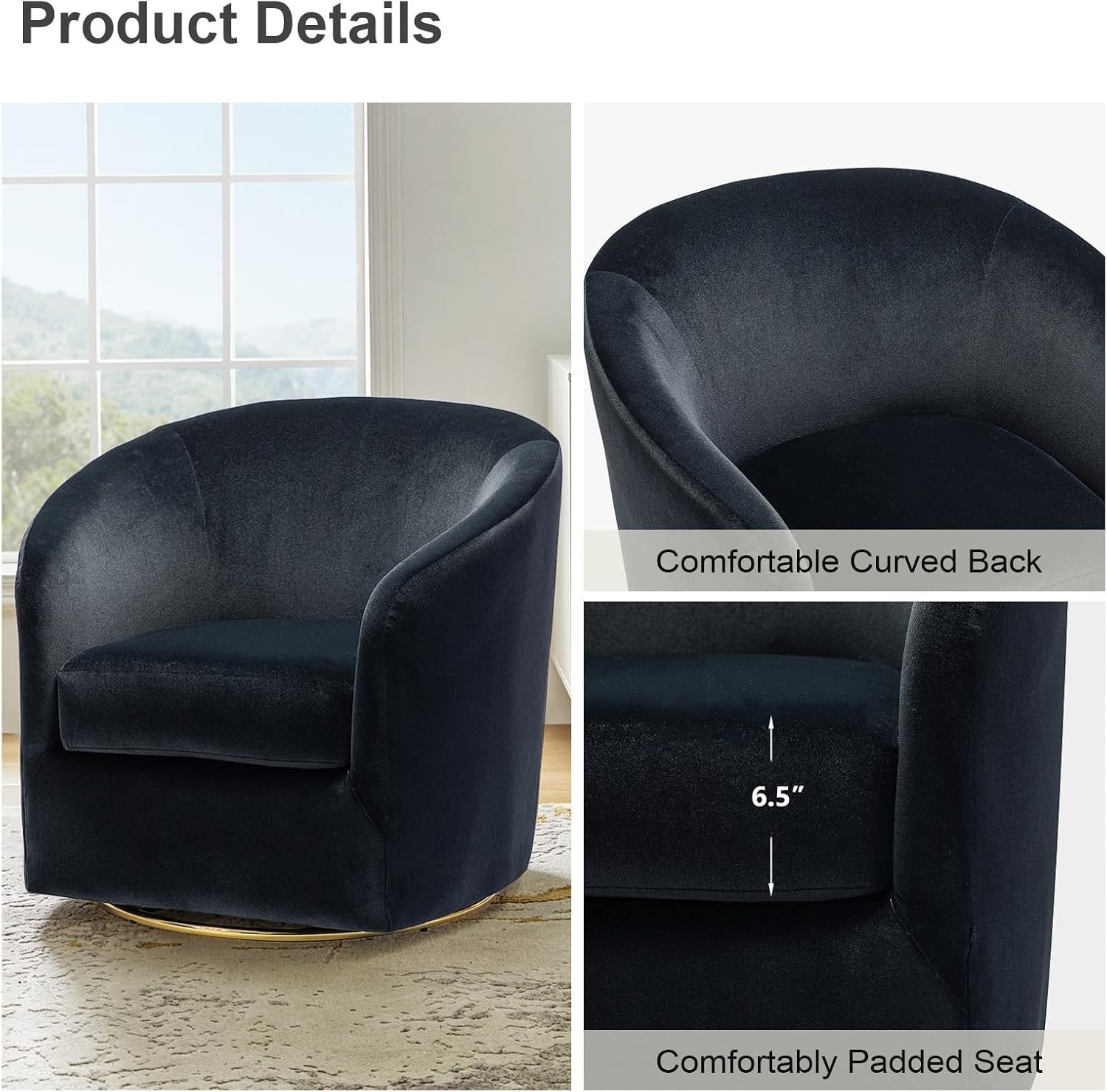 Luxury Black Velvet Swivel Accent Chair with Gold Metal Base