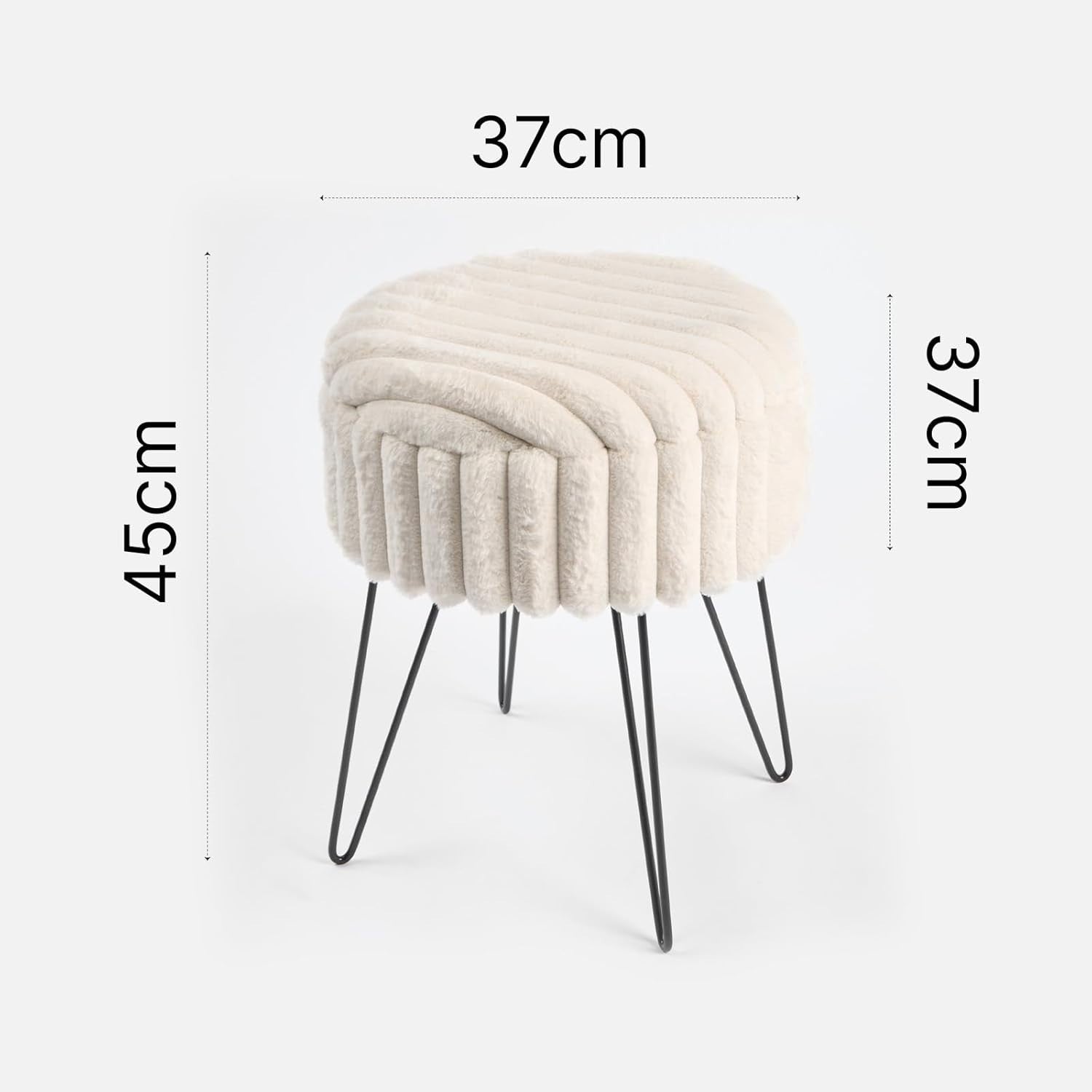 Cream Faux Fur Storage Stool Round Vanity Seat Hairpin Leg Ottoman