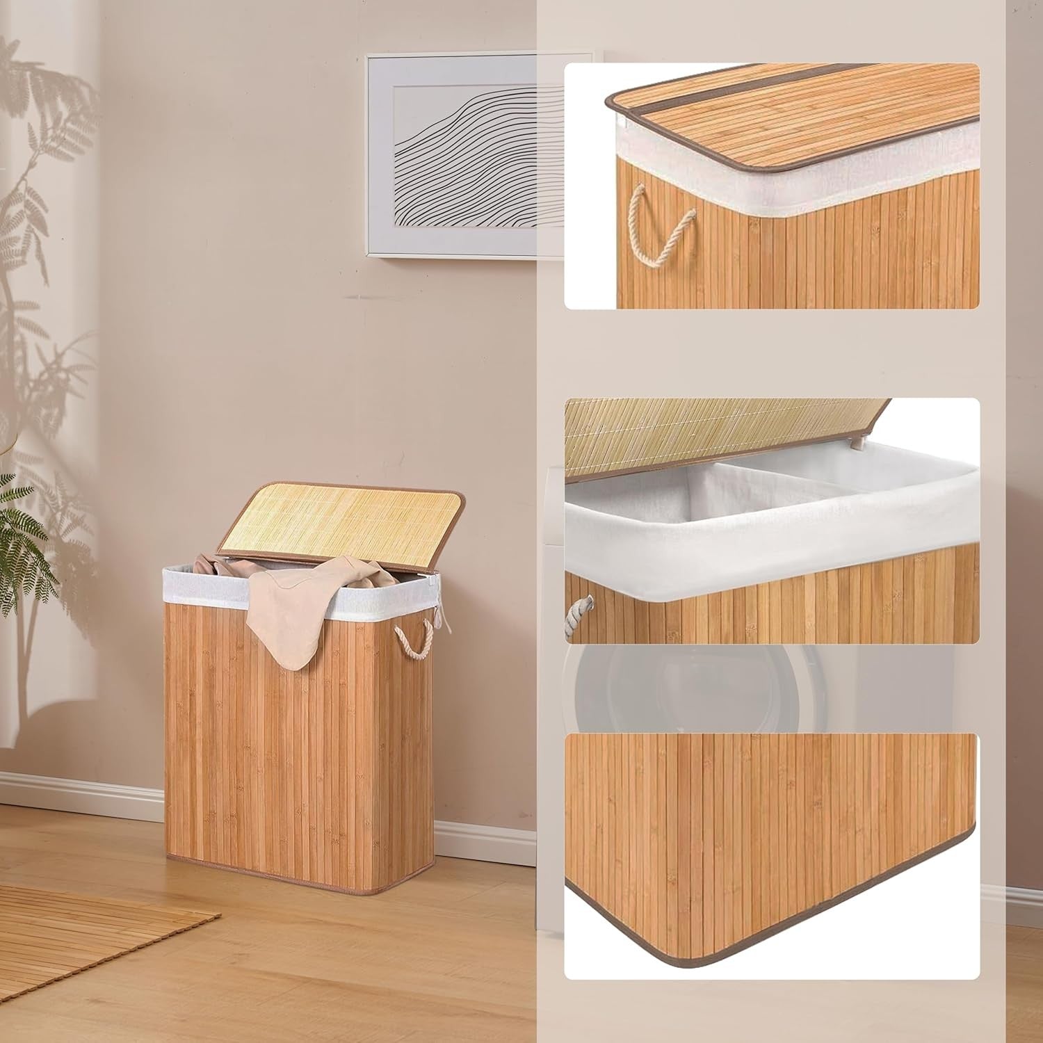 XL Bamboo Laundry Basket 2-Compartment 100L Hamper with Lid & Handles | Folding