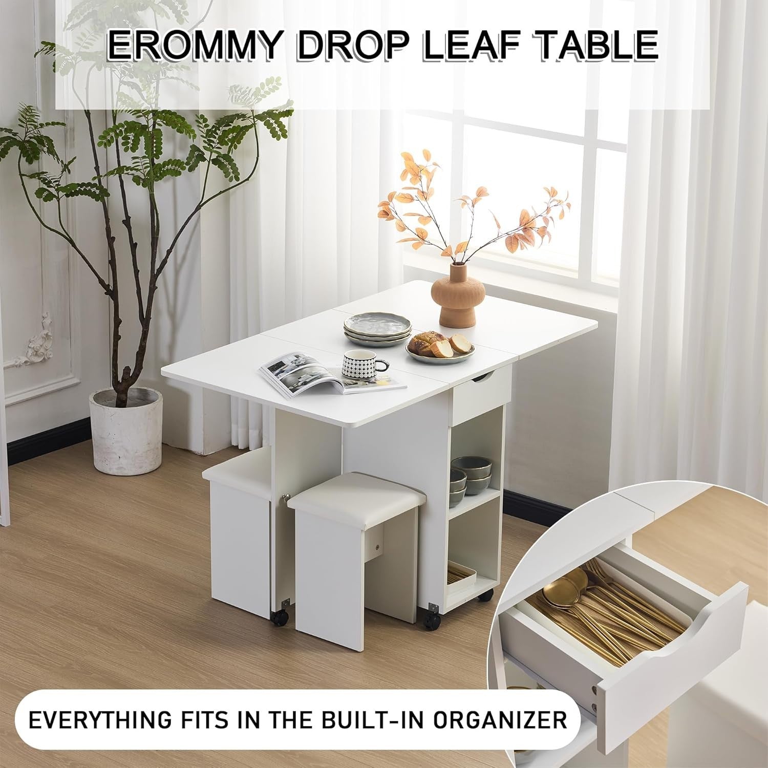 Compact Folding Dining Table Set with Storage & PU Chairs, Lockable Wheels