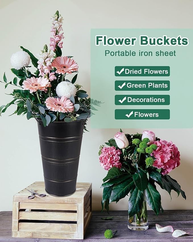 12 Inch Black Galvanized Metal Flower Vases Set of 6 Rustic Bucket Planters