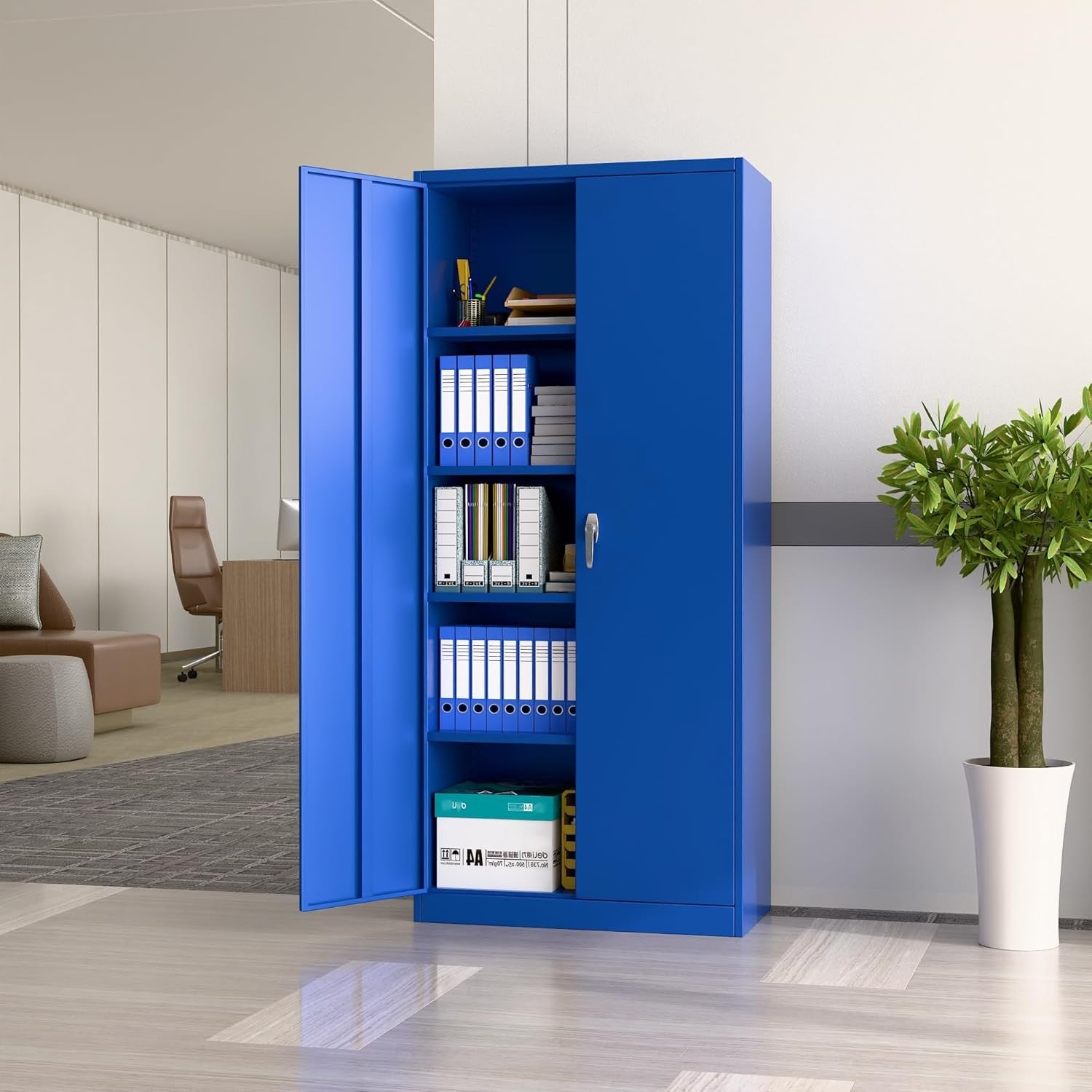 Tall Blue Metal Storage Cabinet 180cm Lockable Cupboard with 4 Adjustable Shelve