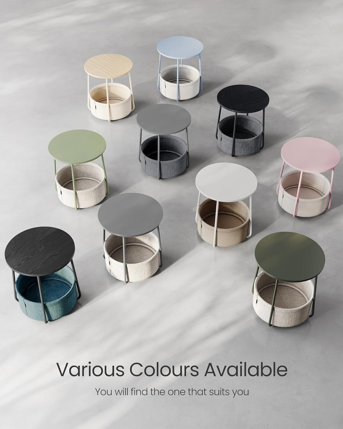 Round Side Table with Fabric Basket, Storage & Sturdy Steel Legs 45x45x50cm