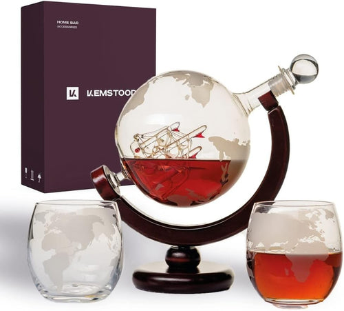 Globe Whiskey Decanter 850ml with 2 Etched Glasses Premium Gift Set